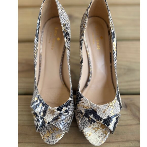 Kate Spade New York Gold Snakeskin Leather Peep Toe Heels 6.5 | Made in Italy - Picture 1 of 8